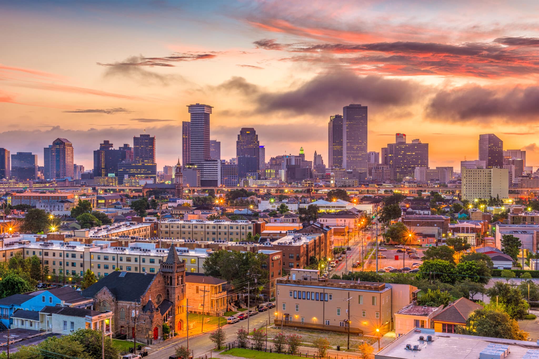 New Orleans skyline at sunset